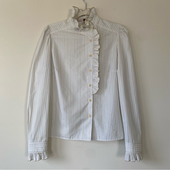 Lela Rose Tops - Lela Rose Ruffle Neck Stripe Long Sleeve Blouse Gold Metallic Size 8